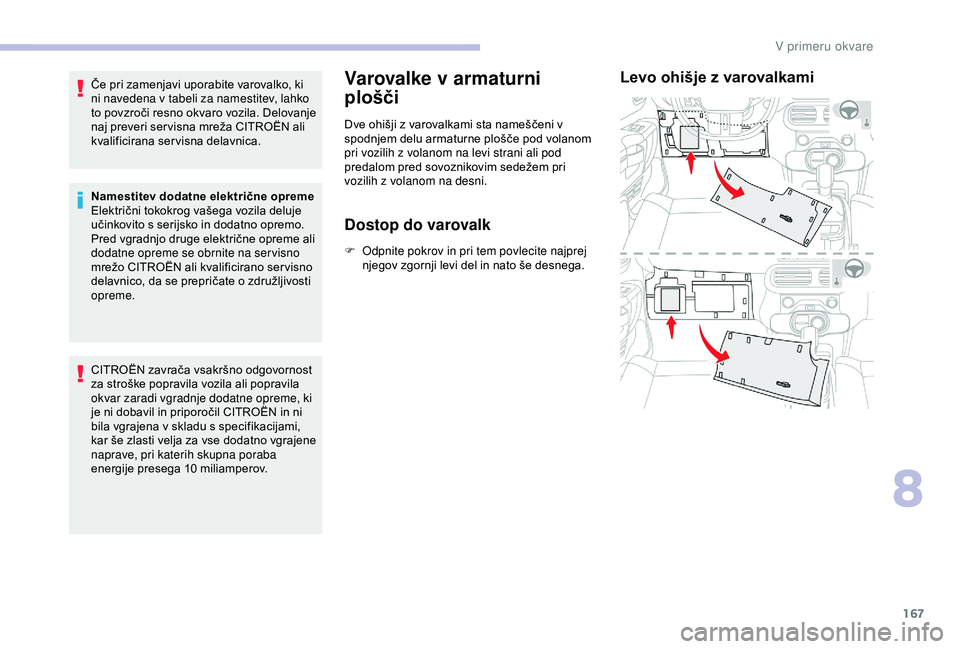 CITROEN C4 CACTUS 2019 Navodila Za Uporabo (in Slovenian) 167
Če pri zamenjavi uporabite varovalko, ki
ni navedena v tabeli za namestitev, lahko
to povzroči resno okvaro vozila. Delovanje
naj preveri ser visna mreža CITROËN ali
kvalificirana servisna CITROEN C4 CACTUS 2019 Navodila Za Uporabo (in Slovenian) 167
Če pri zamenjavi uporabite varovalko, ki
ni navedena v tabeli za namestitev, lahko
to povzroči resno okvaro vozila. Delovanje
naj preveri ser visna mreža CITROËN ali
kvalificirana servisna