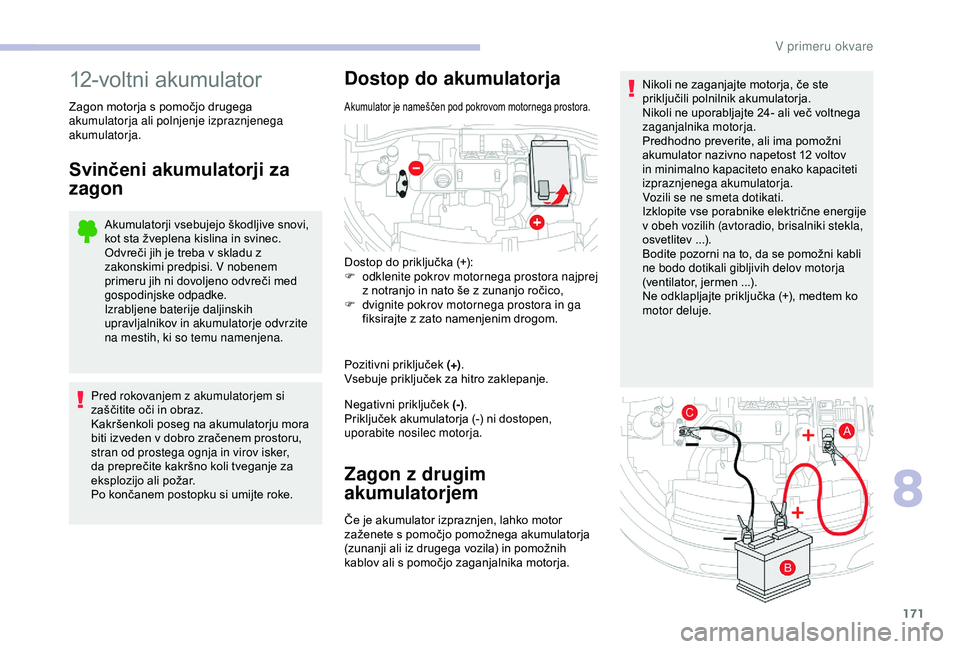 CITROEN C4 CACTUS 2019 Navodila Za Uporabo (in Slovenian) 171
Nikoli ne zaganjajte motorja, če ste
priključili polnilnik akumulatorja.
Nikoli ne uporabljajte 24- ali več voltnega
zaganjalnika motorja.
Predhodno preverite, ali ima pomožni
akumulator na CITROEN C4 CACTUS 2019 Navodila Za Uporabo (in Slovenian) 171
Nikoli ne zaganjajte motorja, če ste
priključili polnilnik akumulatorja.
Nikoli ne uporabljajte 24- ali več voltnega
zaganjalnika motorja.
Predhodno preverite, ali ima pomožni
akumulator na