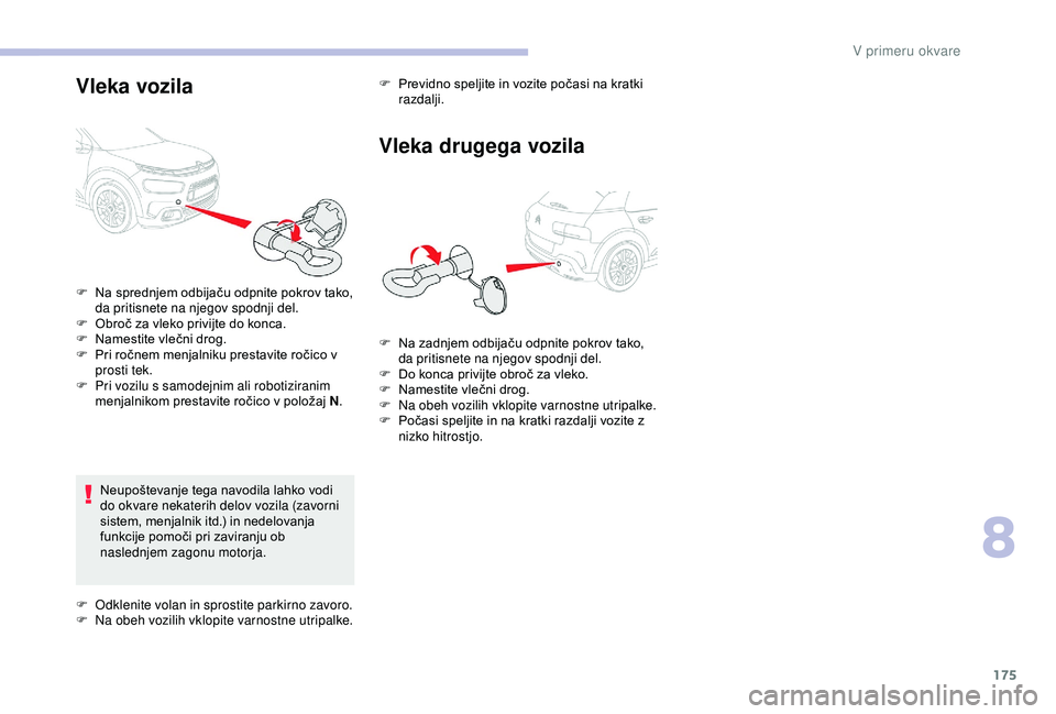 CITROEN C4 CACTUS 2019 Navodila Za Uporabo (in Slovenian) 175
Vleka vozila
Neupoštevanje tega navodila lahko vodi
do okvare nekaterih delov vozila (zavorni
sistem, menjalnik itd.) in nedelovanja
funkcije pomoči pri zaviranju ob
naslednjem zagonu motorj CITROEN C4 CACTUS 2019 Navodila Za Uporabo (in Slovenian) 175
Vleka vozila
Neupoštevanje tega navodila lahko vodi
do okvare nekaterih delov vozila (zavorni
sistem, menjalnik itd.) in nedelovanja
funkcije pomoči pri zaviranju ob
naslednjem zagonu motorj