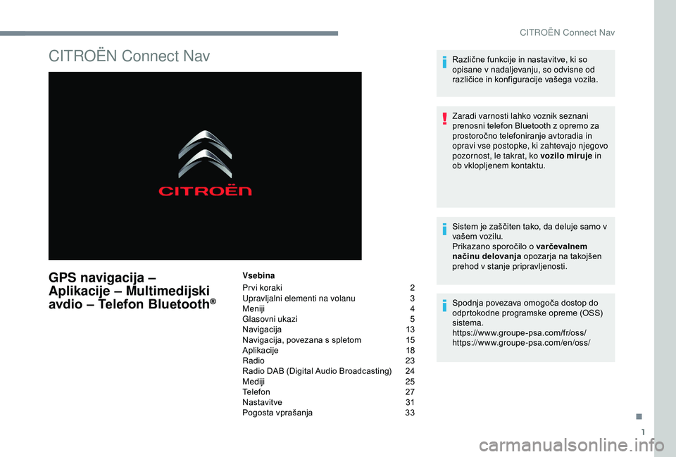CITROEN C4 CACTUS 2019 Navodila Za Uporabo (in Slovenian) 1
CITROËN Connect Nav
GPS navigacija –
Aplikacije – Multimedijski
avdio – Telefon Bluetooth
®
Vsebina
Pr vi koraki
2
U
pravljalni elementi na volanu
3
M
eniji
4
Glasovni ukazi
5
N CITROEN C4 CACTUS 2019 Navodila Za Uporabo (in Slovenian) 1
CITROËN Connect Nav
GPS navigacija –
Aplikacije – Multimedijski
avdio – Telefon Bluetooth
®
Vsebina
Pr vi koraki
2
U
pravljalni elementi na volanu
3
M
eniji
4
Glasovni ukazi
5
N