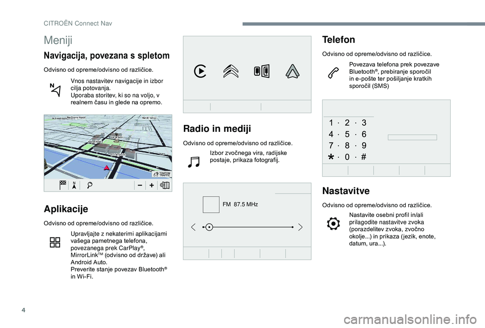 CITROEN C4 CACTUS 2019 Navodila Za Uporabo (in Slovenian) 4
FM 87.5 MHz
Radio in mediji
Odvisno od opreme/odvisno od različice.Izbor zvočnega vira, radijske
postaje, prikaza fotografij.
Telefon
Odvisno od opreme/odvisno od različice.
Povezava telefona p CITROEN C4 CACTUS 2019 Navodila Za Uporabo (in Slovenian) 4
FM 87.5 MHz
Radio in mediji
Odvisno od opreme/odvisno od različice.Izbor zvočnega vira, radijske
postaje, prikaza fotografij.
Telefon
Odvisno od opreme/odvisno od različice.
Povezava telefona p