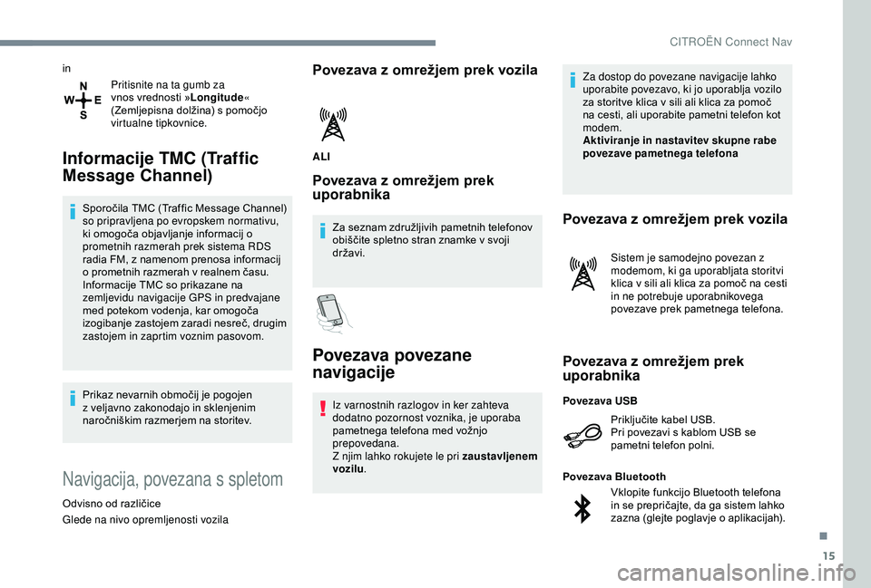 CITROEN C4 CACTUS 2019 Navodila Za Uporabo (in Slovenian) 15
inPritisnite na ta gumb za
vnos vrednosti » Longitude«
(Zemljepisna dolžina) s pomočjo
virtualne tipkovnice.
Informacije TMC (Traffic
Message Channel)
Sporočila TMC (Traffic Message Channe CITROEN C4 CACTUS 2019 Navodila Za Uporabo (in Slovenian) 15
inPritisnite na ta gumb za
vnos vrednosti » Longitude«
(Zemljepisna dolžina) s pomočjo
virtualne tipkovnice.
Informacije TMC (Traffic
Message Channel)
Sporočila TMC (Traffic Message Channe