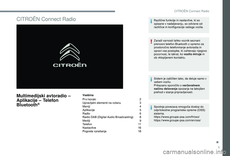 CITROEN C4 CACTUS 2019 Navodila Za Uporabo (in Slovenian) 1
CITROËN Connect Radio
Multimedijski avtoradio –
A plikacije – Telefon
Bluetooth
®
Vsebina
Pr vi koraki
2
U
pravljalni elementi na volanu
3
M
eniji
4
Aplikacije
5
R
adio 6
Radio CITROEN C4 CACTUS 2019 Navodila Za Uporabo (in Slovenian) 1
CITROËN Connect Radio
Multimedijski avtoradio –
A plikacije – Telefon
Bluetooth
®
Vsebina
Pr vi koraki
2
U
pravljalni elementi na volanu
3
M
eniji
4
Aplikacije
5
R
adio 6
Radio