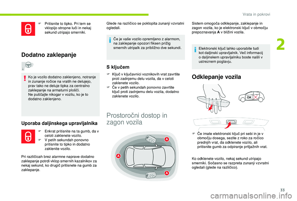 CITROEN C4 CACTUS 2019 Navodila Za Uporabo (in Slovenian) 33
F Pritisnite to tipko. Pri tem se vklopijo stropne luči in nekaj
sekund utripajo smerniki.
Dodatno zaklepanje
Ko je vozilo dodatno zaklenjeno, notranje
in zunanje ročice na vratih ne delujejo, CITROEN C4 CACTUS 2019 Navodila Za Uporabo (in Slovenian) 33
F Pritisnite to tipko. Pri tem se vklopijo stropne luči in nekaj
sekund utripajo smerniki.
Dodatno zaklepanje
Ko je vozilo dodatno zaklenjeno, notranje
in zunanje ročice na vratih ne delujejo,
