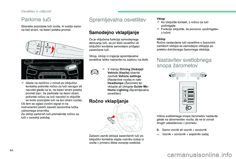 CITROEN C4 CACTUS 2019 Navodila Za Uporabo (in Slovenian) 64
Parkirne luči
Stranske pozicijske luči vozila, ki svetijo samo
na tisti strani, na kateri poteka promet.
F
G
lede na različico v minuti po izključitvi
kontakta potisnite ročico za luči na CITROEN C4 CACTUS 2019 Navodila Za Uporabo (in Slovenian) 64
Parkirne luči
Stranske pozicijske luči vozila, ki svetijo samo
na tisti strani, na kateri poteka promet.
F
G
lede na različico v minuti po izključitvi
kontakta potisnite ročico za luči na