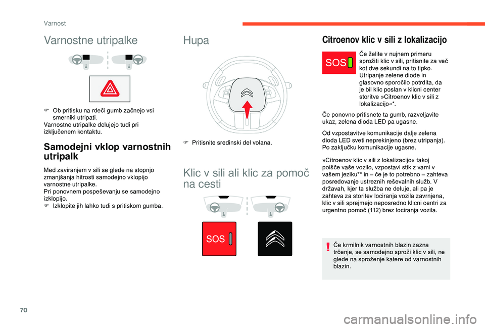 CITROEN C4 CACTUS 2019 Navodila Za Uporabo (in Slovenian) 70
Varnostne utripalke
F Ob pritisku na rdeči gumb začnejo vsi smerniki utripati.
Varnostne utripalke delujejo tudi pri
izključenem kontaktu.
Samodejni vklop varnostnih
utripalk
Med zaviranjem v CITROEN C4 CACTUS 2019 Navodila Za Uporabo (in Slovenian) 70
Varnostne utripalke
F Ob pritisku na rdeči gumb začnejo vsi smerniki utripati.
Varnostne utripalke delujejo tudi pri
izključenem kontaktu.
Samodejni vklop varnostnih
utripalk
Med zaviranjem v
