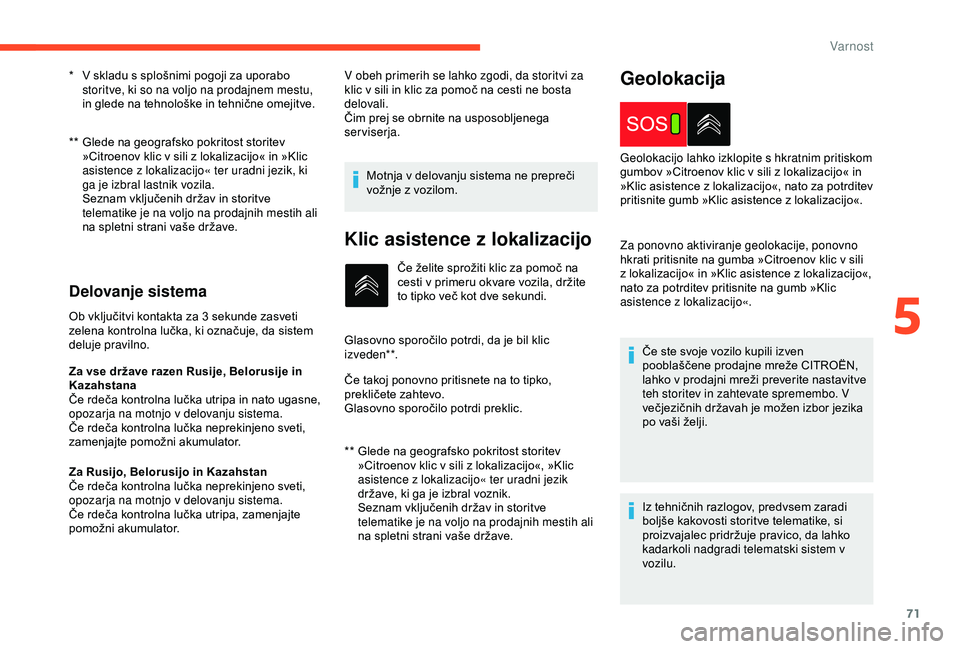 CITROEN C4 CACTUS 2019 Navodila Za Uporabo (in Slovenian) 71
** Glede na geografsko pokritost storitev »Citroenov klic v sili z lokalizacijo« in »Klic
asistence z lokalizacijo« ter uradni jezik, ki
ga je izbral lastnik vozila.
S
eznam vključenih dr CITROEN C4 CACTUS 2019 Navodila Za Uporabo (in Slovenian) 71
** Glede na geografsko pokritost storitev »Citroenov klic v sili z lokalizacijo« in »Klic
asistence z lokalizacijo« ter uradni jezik, ki
ga je izbral lastnik vozila.
S
eznam vključenih dr