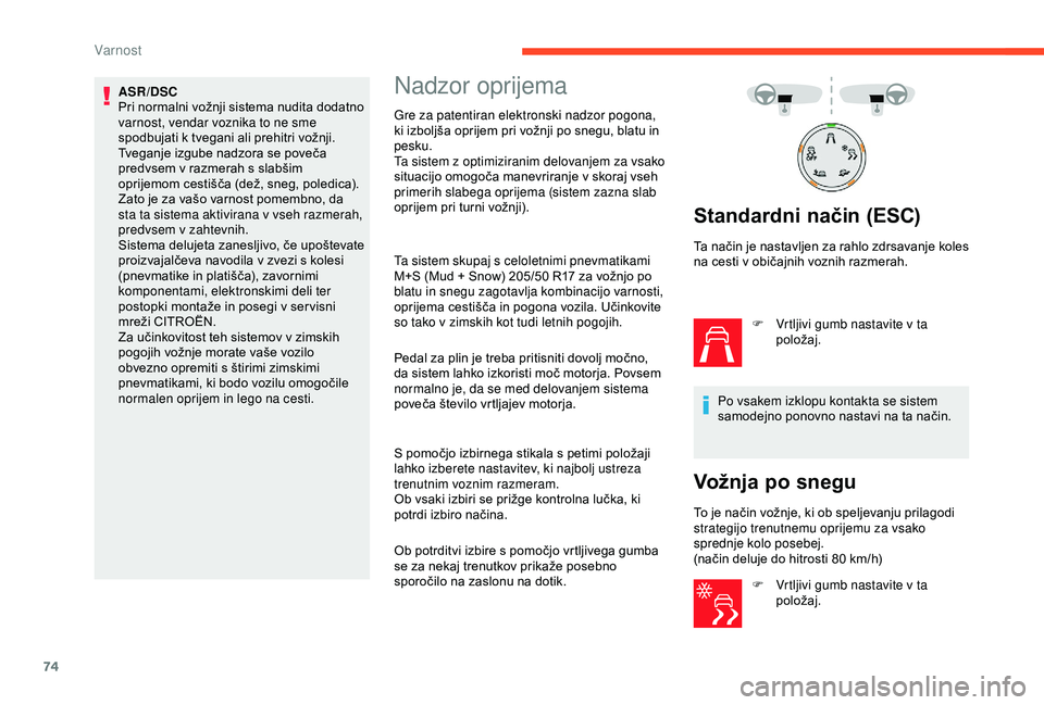 CITROEN C4 CACTUS 2019 Navodila Za Uporabo (in Slovenian) 74
ASR/DSC
Pri normalni vožnji sistema nudita dodatno
varnost, vendar voznika to ne sme
spodbujati k tvegani ali prehitri vožnji.
Tveganje izgube nadzora se poveča
predvsem v razmerah s slabšim CITROEN C4 CACTUS 2019 Navodila Za Uporabo (in Slovenian) 74
ASR/DSC
Pri normalni vožnji sistema nudita dodatno
varnost, vendar voznika to ne sme
spodbujati k tvegani ali prehitri vožnji.
Tveganje izgube nadzora se poveča
predvsem v razmerah s slabšim