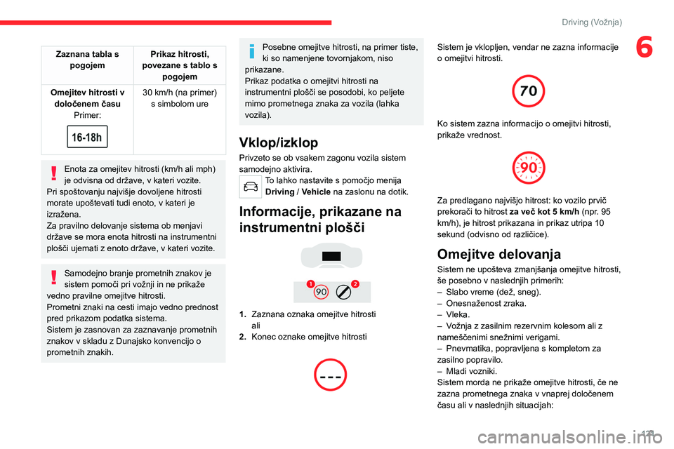 CITROEN C5 AIRCROSS 2022  Navodila Za Uporabo (in Slovenian) 121
Driving (Vožnja)
6Zaznana tabla s pogojem Prikaz hitrosti, 
povezane s tablo s  pogojem
Omejitev hitrosti v  določenem času Primer:
 
 
30 km/h (na primer)
s simbolom ure
Enota za omejitev hitr
