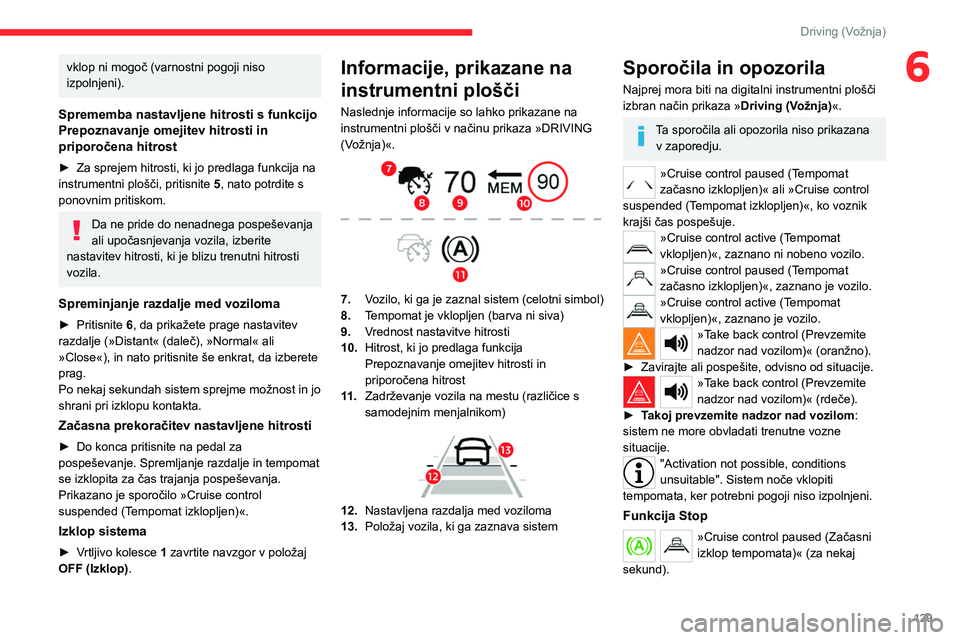 CITROEN C5 AIRCROSS 2022 Navodila Za Uporabo (in Slovenian) 129
Driving (Vožnja)
6vklop ni mogoč (varnostni pogoji niso
izpolnjeni).
Sprememba nastavljene hitrosti s funkcijo
Prepoznavanje omejitev hitrosti in
priporočena hitrost
► Za sprejem hitrosti, CITROEN C5 AIRCROSS 2022 Navodila Za Uporabo (in Slovenian) 129
Driving (Vožnja)
6vklop ni mogoč (varnostni pogoji niso
izpolnjeni).
Sprememba nastavljene hitrosti s funkcijo
Prepoznavanje omejitev hitrosti in
priporočena hitrost
► Za sprejem hitrosti,
