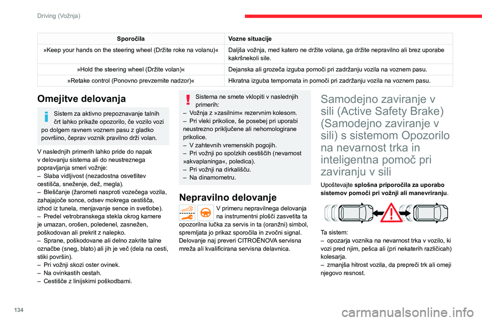 CITROEN C5 AIRCROSS 2022  Navodila Za Uporabo (in Slovenian) 134
Driving (Vožnja)
SporočilaVozne situacije
»Keep your hands on the steering wheel (Držite roke na volanu)«  Daljša vožnja, med katero ne držite volana, ga držite nepravilno ali brez uporab