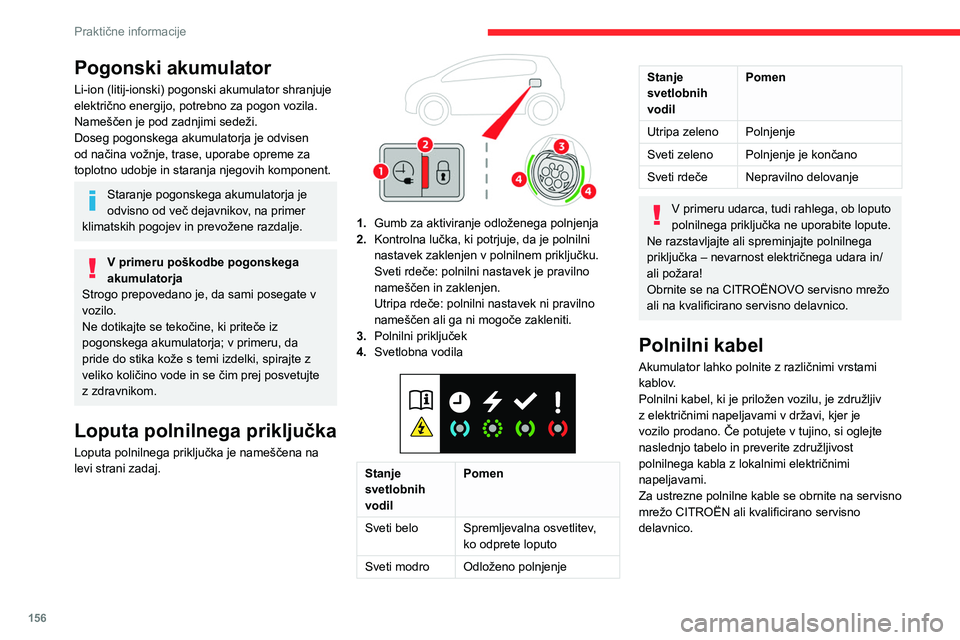 CITROEN C5 AIRCROSS 2022  Navodila Za Uporabo (in Slovenian) 156
Praktične informacije
Pogonski akumulator
Li-ion (litij-ionski) pogonski akumulator shranjuje 
električno energijo, potrebno za pogon vozila.
Nameščen je pod zadnjimi sedeži.
Doseg pogonskega