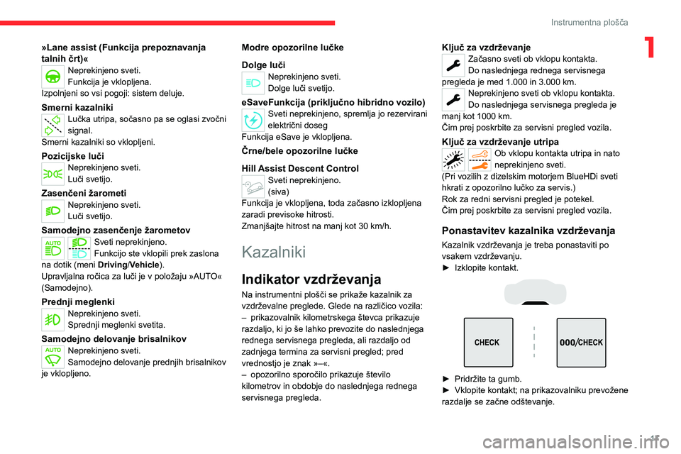 CITROEN C5 AIRCROSS 2022  Navodila Za Uporabo (in Slovenian) 17
Instrumentna plošča
1»Lane assist (Funkcija prepoznavanja 
talnih črt)«
Neprekinjeno sveti.
Funkcija je vklopljena.
Izpolnjeni so vsi pogoji: sistem deluje.
Smerni kazalnikiLučka utripa, soč