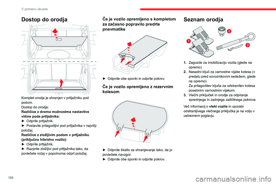 CITROEN C5 AIRCROSS 2022  Navodila Za Uporabo (in Slovenian) 180
V primeru okvare
Če je vozilo opremljeno s kompletom 
za začasno popravilo predrte 
pnevmatike
 
 
4.12-voltni kompresor z vložkom s sredstvom 
za zatesnitev in nalepko z omejitvijo hitrosti
Za