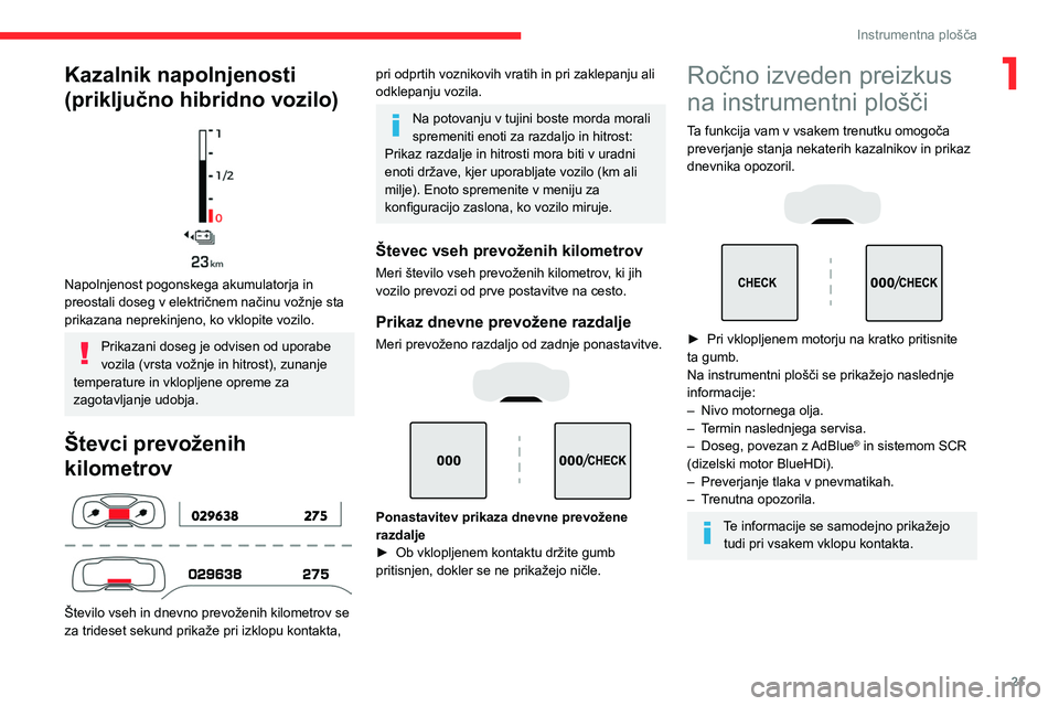 CITROEN C5 AIRCROSS 2022  Navodila Za Uporabo (in Slovenian) 21
Instrumentna plošča
1Kazalnik napolnjenosti 
(priključno hibridno vozilo)
 
 
Napolnjenost pogonskega akumulatorja in 
preostali doseg v električnem načinu vožnje sta 
prikazana neprekinjeno,