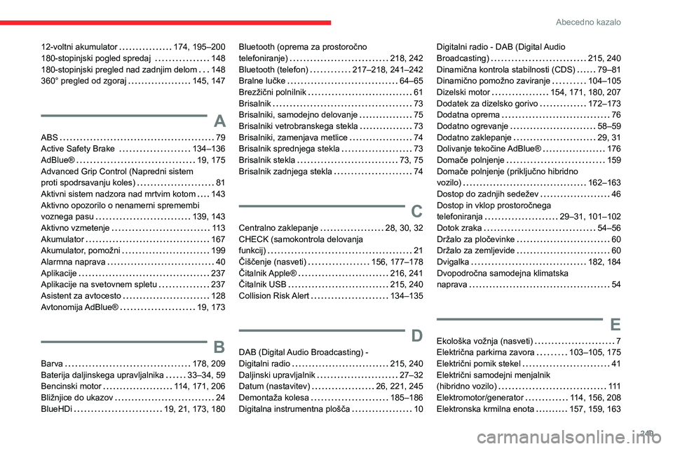 CITROEN C5 AIRCROSS 2022 Navodila Za Uporabo (in Slovenian) 249
Abecedno kazalo
12-voltni akumulator 174, 195–200
180-stopinjski pogled spredaj
148
180-stopinjski pregled nad zadnjim delom
148
360° pregled od zgoraj
145, 147
A
ABS 79 CITROEN C5 AIRCROSS 2022 Navodila Za Uporabo (in Slovenian) 249
Abecedno kazalo
12-voltni akumulator 174, 195–200
180-stopinjski pogled spredaj
148
180-stopinjski pregled nad zadnjim delom
148
360° pregled od zgoraj
145, 147
A
ABS 79