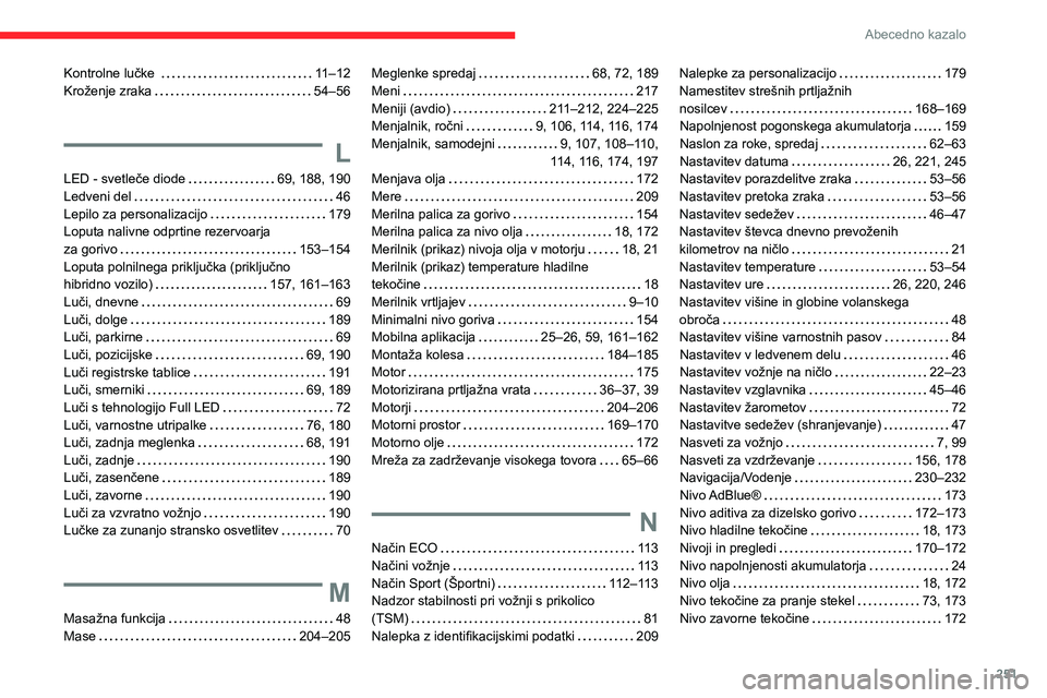 CITROEN C5 AIRCROSS 2022 Navodila Za Uporabo (in Slovenian) 251
Abecedno kazalo
Kontrolne lučke 11–12
Kroženje zraka
54–56
L
LED - svetleče diode 69, 188, 190
Ledveni del
46
Lepilo za personalizacijo
179
Loputa nalivne odprtine r CITROEN C5 AIRCROSS 2022 Navodila Za Uporabo (in Slovenian) 251
Abecedno kazalo
Kontrolne lučke 11–12
Kroženje zraka
54–56
L
LED - svetleče diode 69, 188, 190
Ledveni del
46
Lepilo za personalizacijo
179
Loputa nalivne odprtine r