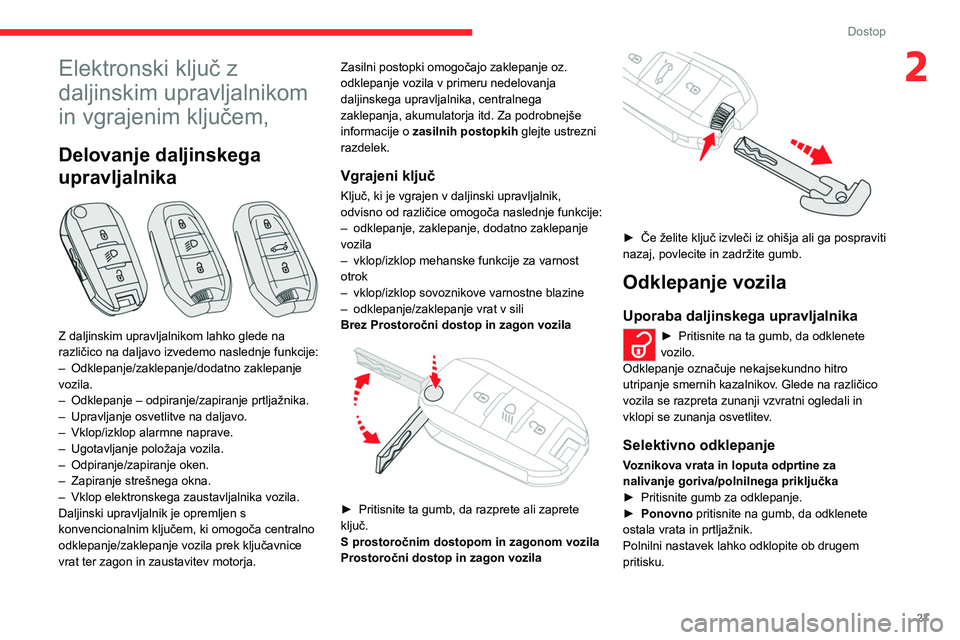 CITROEN C5 AIRCROSS 2022  Navodila Za Uporabo (in Slovenian) 27
Dostop
2Elektronski ključ z 
daljinskim upravljalnikom 
in vgrajenim ključem,
Delovanje daljinskega 
upravljalnika
 
 
Z daljinskim upravljalnikom lahko glede na 
različico na daljavo izvedemo n