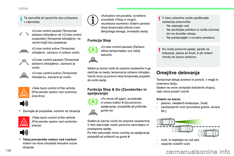 CITROEN C5 AIRCROSS 2020  Navodila Za Uporabo (in Slovenian) 150
Ta	sporočila	ali	opozorila	niso	prikazana	v zaporedju.
»Take back control of the vehicle 
(Prevzemite
	 nadzor 	 nad 	 vozilom)« 	
(

oranžno)
»Take back control of the vehicle 
(Prevzemite
	