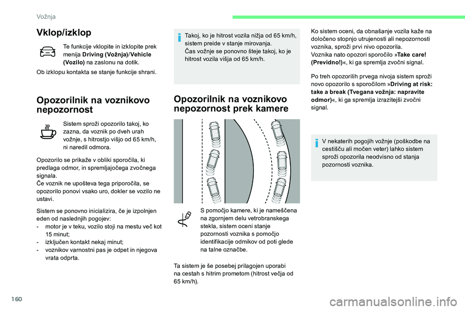 CITROEN C5 AIRCROSS 2020 Navodila Za Uporabo (in Slovenian) 160
Vklop/izklop
Te funkcije vklopite in izklopite prek
menija Driving (Vožnja)/Vehicle
( Voz ilo) na zaslonu na dotik.
Ob izklopu kontakta se stanje funkcije shrani.
Opozorilnik na voznikovo
nep CITROEN C5 AIRCROSS 2020 Navodila Za Uporabo (in Slovenian) 160
Vklop/izklop
Te funkcije vklopite in izklopite prek
menija Driving (Vožnja)/Vehicle
( Voz ilo) na zaslonu na dotik.
Ob izklopu kontakta se stanje funkcije shrani.
Opozorilnik na voznikovo
nep