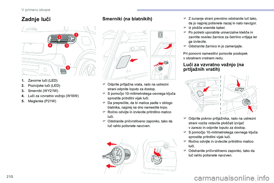 CITROEN C5 AIRCROSS 2020 Navodila Za Uporabo (in Slovenian) 210
Zadnje luči
1.Zavorne luči (LED)
2. Pozicijske
luči (LED)
3. Smerniki
(W Y21W)
4. Luči
za vzvratno vožnjo (W16W)
5. Meglenke
(P21W)
Smerniki (na blatnikih)
F Odprite prtl CITROEN C5 AIRCROSS 2020 Navodila Za Uporabo (in Slovenian) 210
Zadnje luči
1.Zavorne luči (LED)
2. Pozicijske
luči (LED)
3. Smerniki
(W Y21W)
4. Luči
za vzvratno vožnjo (W16W)
5. Meglenke
(P21W)
Smerniki (na blatnikih)
F Odprite prtl