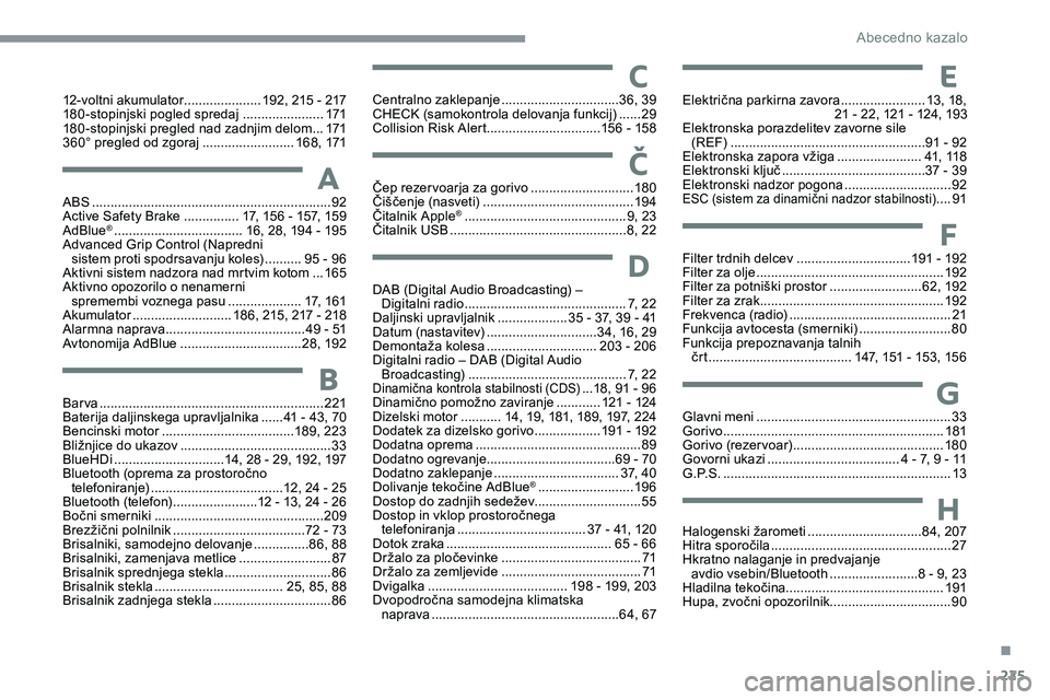 CITROEN C5 AIRCROSS 2020  Navodila Za Uporabo (in Slovenian) 225
12-voltni	akumulator .....................192, 	 215 	 - 	 217
180 -stopinjski 	 pogled 	 spredaj 	  ......................171
180 -stopinjski
	 pregled 	 nad 	 zadnjim 	 delom   ...171
360°
	 pr