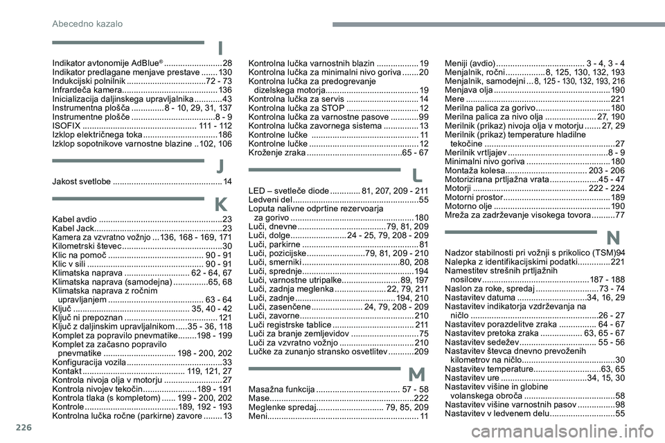 CITROEN C5 AIRCROSS 2020  Navodila Za Uporabo (in Slovenian) 226
Indikator avtonomije AdBlue® .........................28
In
dikator predlagane menjave prestave  .......13 0
Indukcijski polnilnik
 

.................................. 72
	 - 	 73
Infrardeča
	
