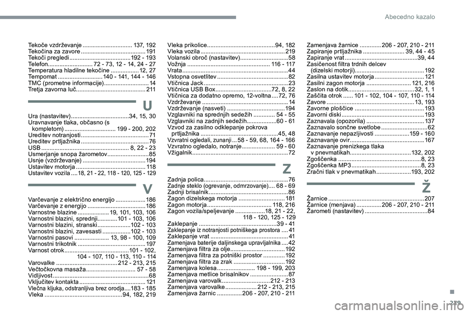 CITROEN C5 AIRCROSS 2020  Navodila Za Uporabo (in Slovenian) 229
Tekoče	vzdrževanje ..............................1 37, 	 192
Tekočina 	 za 	 zavore  ....................................... 19
1
Tekoči
	p

regledi
 ...............................
 ......192