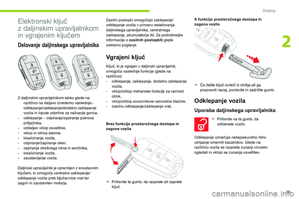 CITROEN C5 AIRCROSS 2020  Navodila Za Uporabo (in Slovenian) 35
Elektronski	ključ	
z 
daljinskim upravljalnikom 
in
	v

grajenim
	k
 ljučem
Delovanje daljinskega upravljalnika
Daljinski upravljalnik je opremljen z  enostavnim 
ključem, 	 ki 	 omogoča 	 cent