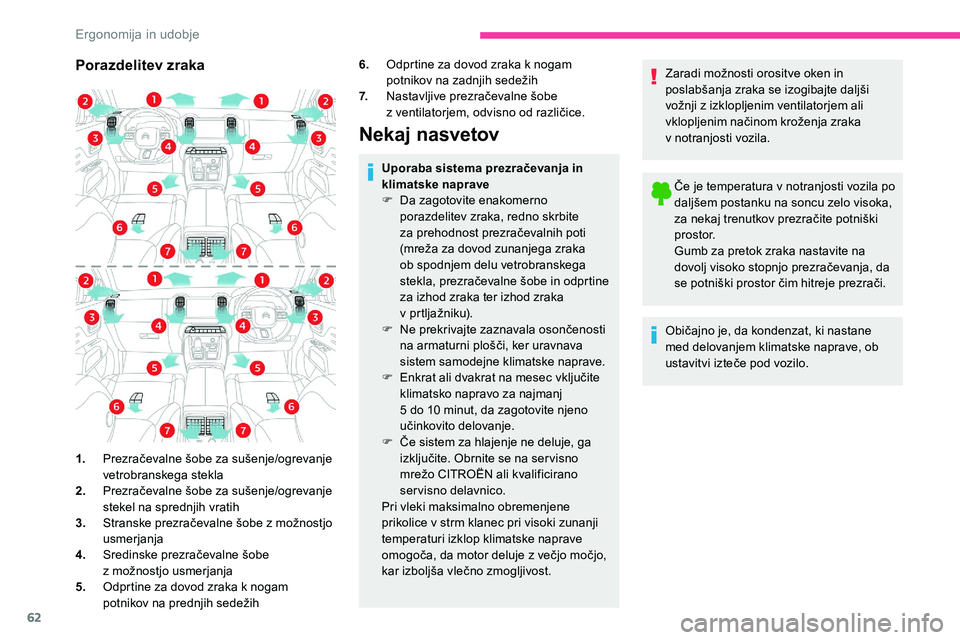 CITROEN C5 AIRCROSS 2020  Navodila Za Uporabo (in Slovenian) 62
Porazdelitev zraka6.Odprtine za dovod zraka k   nogam 
potnikov 	 na 	 zadnjih 	 sedežih
7. Nastavljive
	 prezračevalne 	 šobe 	
z

	 ventilatorjem, 	 odvisno 	 od 	 različice.
Nekaj nasvetov
1
