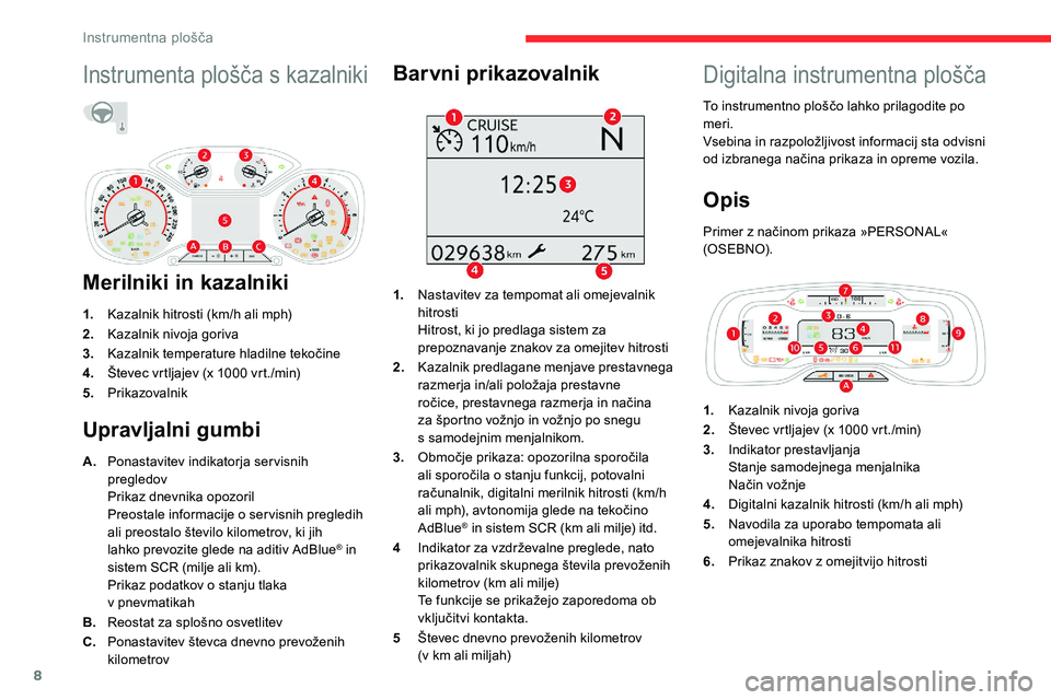 CITROEN C5 AIRCROSS 2020  Navodila Za Uporabo (in Slovenian) 8
Instrumenta	plošča	s	kazalniki
Merilniki in kazalniki
1.Kazalnik 	 hitrosti 	 (km/h 	 ali 	 mph)
2. Kazalnik nivoja goriva
3. Kazalnik
	t

emperature
	hl
 adilne
	t
 ekočine
4. Števec
	 vrtljaje