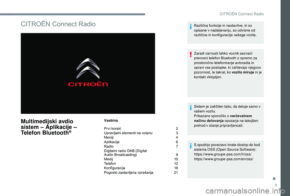 CITROEN C-ELYSÉE 2018 Navodila Za Uporabo (in Slovenian) 1
CITROËN Connect Radio
Multimedijski avdio
sistem – Aplikacije –
Telefon Bluetooth
®
Vsebina
Pr vi koraki
2
U
pravljalni elementi na volanu
3
M
eniji
4
A
plikacije
6
R
adio CITROEN C-ELYSÉE 2018 Navodila Za Uporabo (in Slovenian) 1
CITROËN Connect Radio
Multimedijski avdio
sistem – Aplikacije –
Telefon Bluetooth
®
Vsebina
Pr vi koraki
2
U
pravljalni elementi na volanu
3
M
eniji
4
A
plikacije
6
R
adio