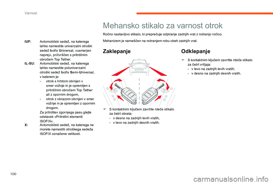 CITROEN C-ELYSÉE 2017  Navodila Za Uporabo (in Slovenian) 100
I UF:Avtomobilski sedež, na katerega 
lahko namestite univerzalni otroški 
sedež Isofix U niversal, »usmerjen 
naprej«, pričvrščen s pritrdilnim 
obročem Top Tether.
IL- SU: Avtomobilski 