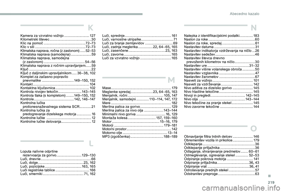 CITROEN C-ELYSÉE 2017 Navodila Za Uporabo (in Slovenian) 219
Luči, sprednje ................................................16 1
Luči, varnostne utripalke .................................71
Luči za branje zemljevidov
.............................69
CITROEN C-ELYSÉE 2017 Navodila Za Uporabo (in Slovenian) 219
Luči, sprednje ................................................16 1
Luči, varnostne utripalke .................................71
Luči za branje zemljevidov
.............................69