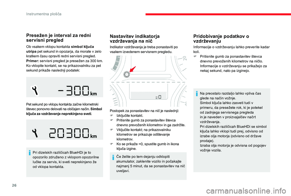 CITROEN C-ELYSÉE 2017 Navodila Za Uporabo (in Slovenian) 26
Presežen je interval za redni
servisni pregled
Ob vsakem vklopu kontakta simbol ključa
utripa pet sekund in opozarja, da morate v zelo
kratkem času opraviti redni servisni pregled.
Primer: s CITROEN C-ELYSÉE 2017 Navodila Za Uporabo (in Slovenian) 26
Presežen je interval za redni
servisni pregled
Ob vsakem vklopu kontakta simbol ključa
utripa pet sekund in opozarja, da morate v zelo
kratkem času opraviti redni servisni pregled.
Primer: s