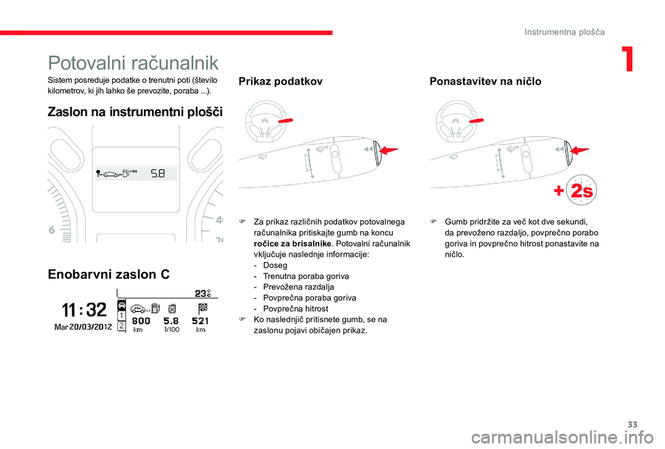 CITROEN C-ELYSÉE 2017 Navodila Za Uporabo (in Slovenian) 33
Potovalni računalnik
Sistem posreduje podatke o trenutni poti (število
kilometrov, ki jih lahko še prevozite, poraba ...).
Zaslon na instrumentni plošči
Enobarvni zaslon C
Prikaz podatkov
F Z CITROEN C-ELYSÉE 2017 Navodila Za Uporabo (in Slovenian) 33
Potovalni računalnik
Sistem posreduje podatke o trenutni poti (število
kilometrov, ki jih lahko še prevozite, poraba ...).
Zaslon na instrumentni plošči
Enobarvni zaslon C
Prikaz podatkov
F Z