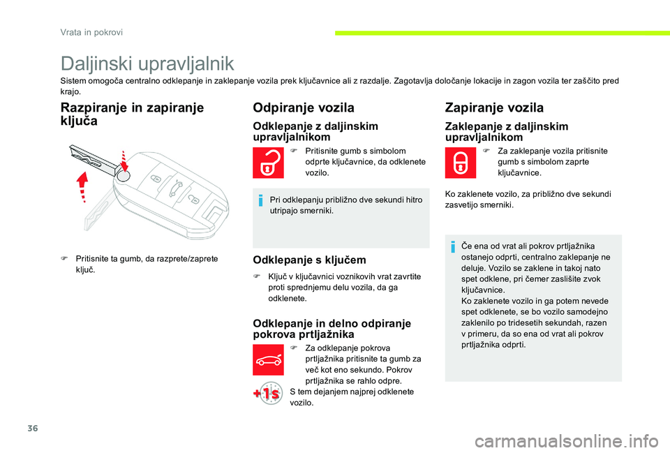 CITROEN C-ELYSÉE 2017 Navodila Za Uporabo (in Slovenian) 36
Daljinski upravljalnik
Sistem omogoča centralno odklepanje in zaklepanje vozila prek ključavnice ali z razdalje. Zagotavlja določanje lokacije in zagon vozila ter zaščito pred
krajo.
Razpiran CITROEN C-ELYSÉE 2017 Navodila Za Uporabo (in Slovenian) 36
Daljinski upravljalnik
Sistem omogoča centralno odklepanje in zaklepanje vozila prek ključavnice ali z razdalje. Zagotavlja določanje lokacije in zagon vozila ter zaščito pred
krajo.
Razpiran