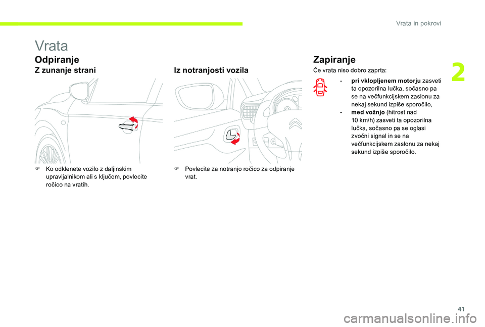 CITROEN C-ELYSÉE 2017 Navodila Za Uporabo (in Slovenian) 41
Vrata
Odpiranje
Z zunanje straniIz notranjosti vozila
Zapiranje
F Ko odklenete vozilo z daljinskim
upravljalnikom ali s ključem, povlecite
ročico na vratih. F
P ovlecite za notranjo ročico za CITROEN C-ELYSÉE 2017 Navodila Za Uporabo (in Slovenian) 41
Vrata
Odpiranje
Z zunanje straniIz notranjosti vozila
Zapiranje
F Ko odklenete vozilo z daljinskim
upravljalnikom ali s ključem, povlecite
ročico na vratih. F
P ovlecite za notranjo ročico za