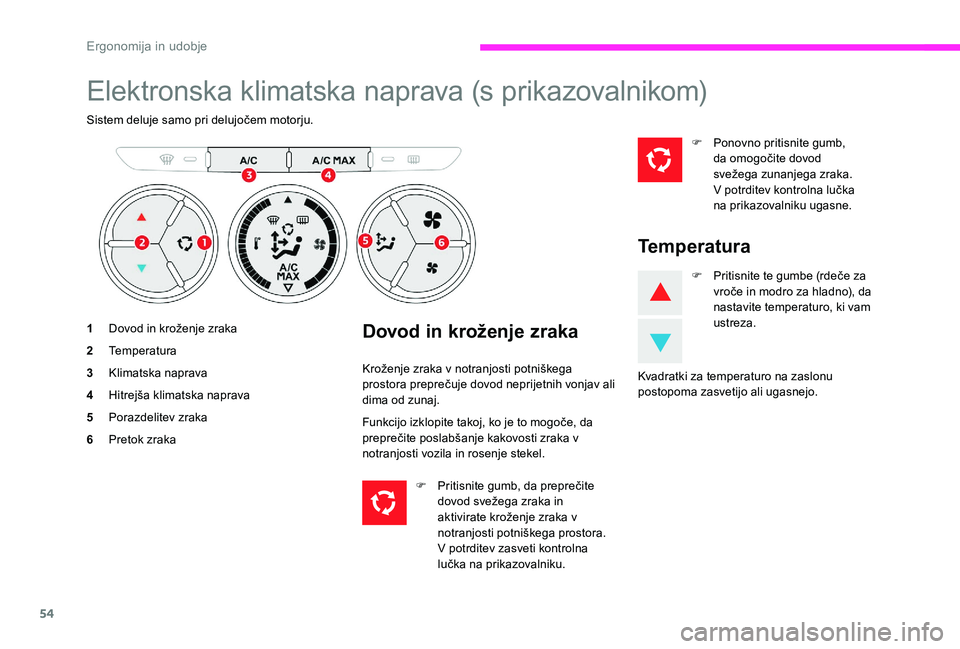CITROEN C-ELYSÉE 2017 Navodila Za Uporabo (in Slovenian) 54
Elektronska klimatska naprava (s prikazovalnikom)
Sistem deluje samo pri delujočem motorju.
1Dovod in kroženje zraka
2 Temperatura
3 Klimatska naprava
4 Hitrejša klimatska naprava
5 Porazdelitev CITROEN C-ELYSÉE 2017 Navodila Za Uporabo (in Slovenian) 54
Elektronska klimatska naprava (s prikazovalnikom)
Sistem deluje samo pri delujočem motorju.
1Dovod in kroženje zraka
2 Temperatura
3 Klimatska naprava
4 Hitrejša klimatska naprava
5 Porazdelitev