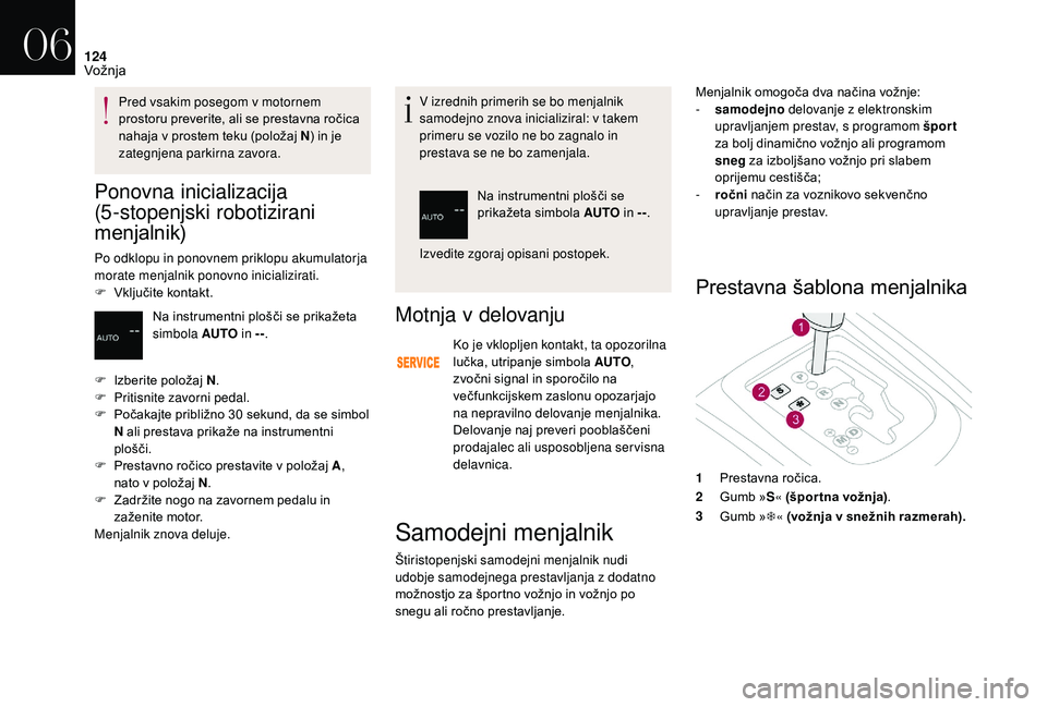 CITROEN DS3 CABRIO 2018  Navodila Za Uporabo (in Slovenian) 124
Ponovna inicializacija 
(5-stopenjski robotizirani 
menjalnik)
Po odklopu in ponovnem priklopu akumulatorja 
morate menjalnik ponovno inicializirati.
F 
V
 ključite kontakt. V izrednih primerih s