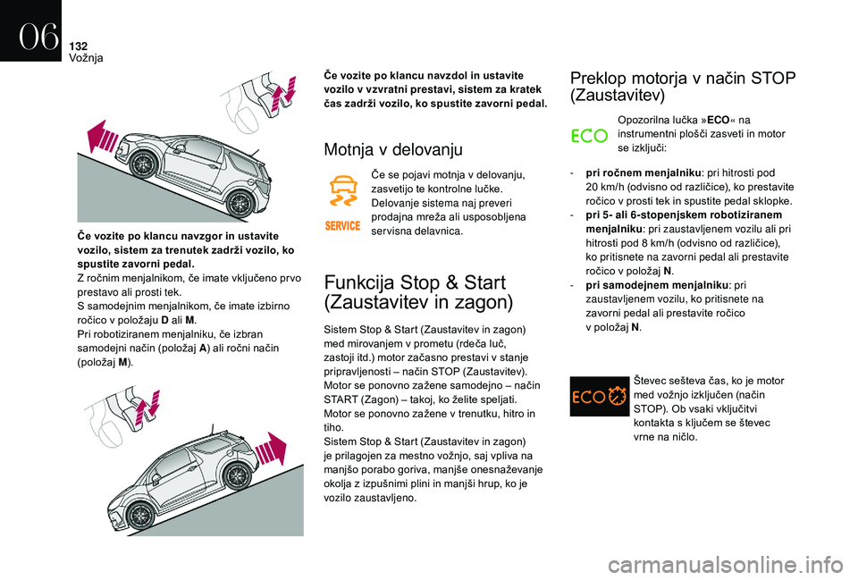 CITROEN DS3 CABRIO 2018  Navodila Za Uporabo (in Slovenian) 132
Motnja v delovanju
Če se pojavi motnja v delovanju, 
z asvetijo te kontrolne lučke. 
Delovanje sistema naj preveri 
prodajna mreža ali usposobljena 
servisna delavnica.
Funkcija Stop & Start 
(