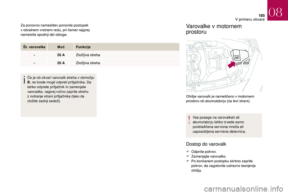 CITROEN DS3 CABRIO 2018 Navodila Za Uporabo (in Slovenian) 185
Za ponovno namestitev ponovite postopek
v obratnem vrstnem redu, pri čemer najprej
namestite spodnji del obloge.
Št. varovalke MočFunkcije
- 20
AZložljiva streha
- 20
AZložljiva streha CITROEN DS3 CABRIO 2018 Navodila Za Uporabo (in Slovenian) 185
Za ponovno namestitev ponovite postopek
v obratnem vrstnem redu, pri čemer najprej
namestite spodnji del obloge.
Št. varovalke MočFunkcije
- 20
AZložljiva streha
- 20
AZložljiva streha