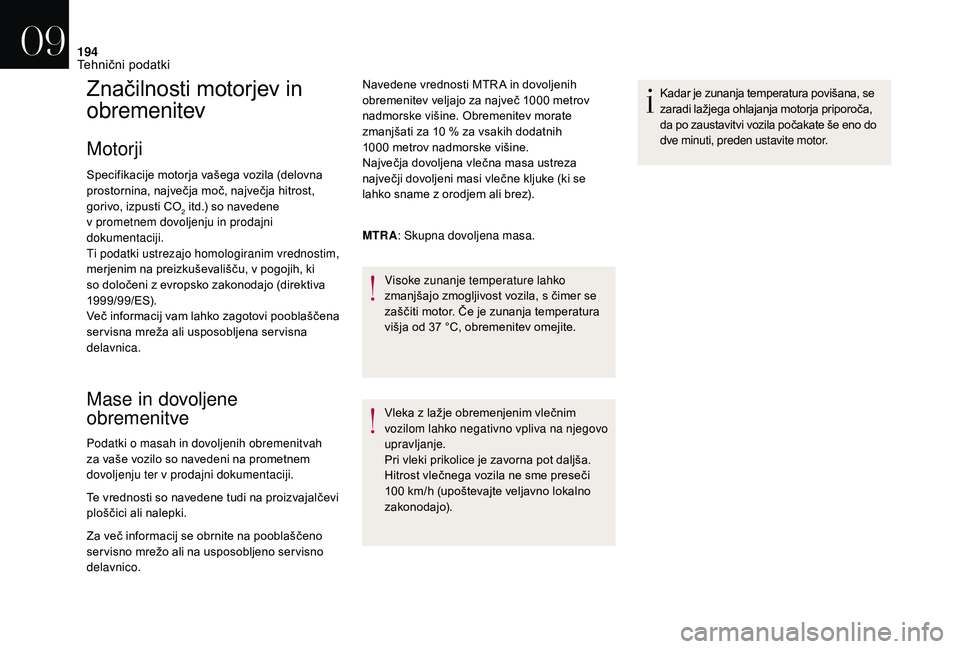 CITROEN DS3 CABRIO 2018  Navodila Za Uporabo (in Slovenian) 194
Značilnosti motorjev in 
obremenitev
Motorji
Specifikacije motorja vašega vozila (delovna 
prostornina, največja moč, največja hitrost, 
gorivo, izpusti CO
2 itd.) so navedene 
v
 
prometnem 