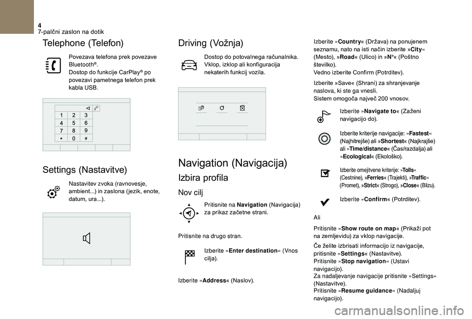 CITROEN DS3 CABRIO 2018  Navodila Za Uporabo (in Slovenian) 4
Telephone (Telefon)
Povezava telefona prek povezave 
Bluetooth®.
Dostop do funkcije CarPlay® po 
povezavi pametnega telefon prek 
kabla USB.
Settings (Nastavitve)
Nastavitev zvoka (ravnovesje, 
am