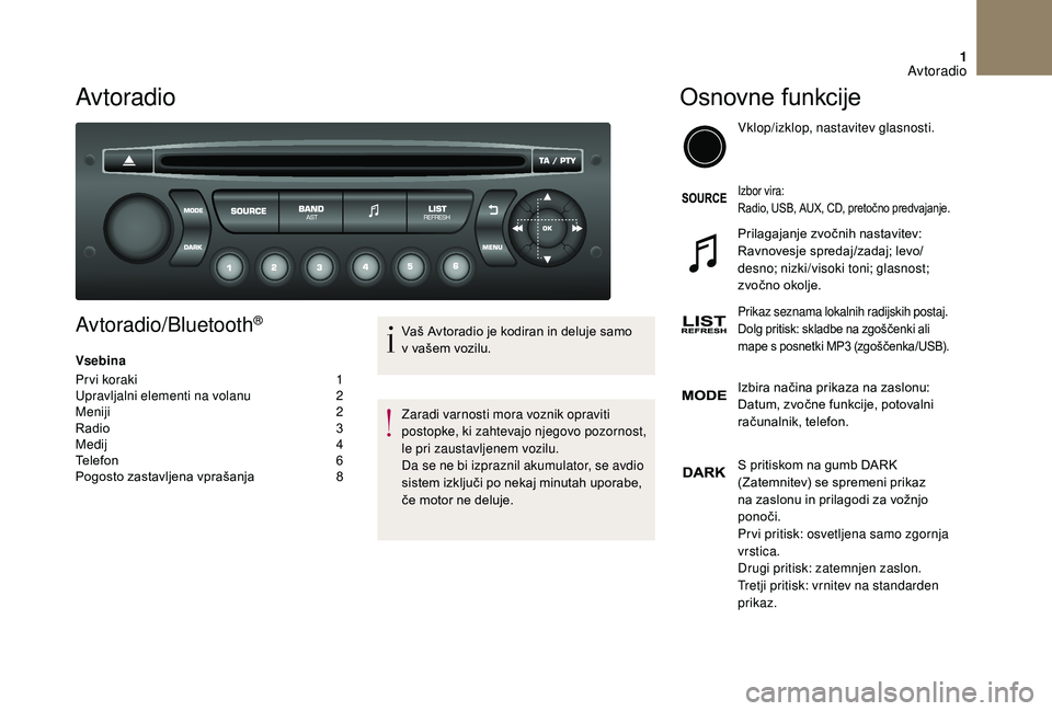 CITROEN DS3 CABRIO 2018  Navodila Za Uporabo (in Slovenian) 1
Av toradio
Avtoradio/Bluetooth®
Vsebina
Pr vi koraki  
1
U

pravljalni elementi na volanu   
2
M

eniji   
2
R

adio   
3
M

edij   
4
T

elefon   
6
P

ogosto zastavljena vprašanja   
8V

aš Avt