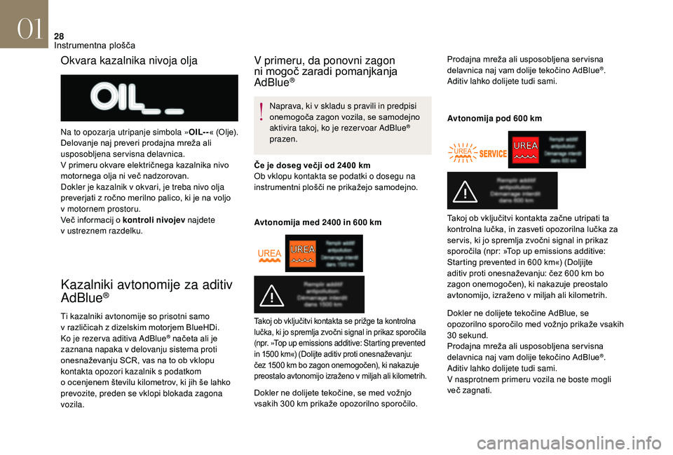 CITROEN DS3 2018 Navodila Za Uporabo (in Slovenian) 28
Kazalniki avtonomije za aditiv
AdBlue®
Ti kazalniki avtonomije so prisotni samo
v različicah z dizelskim motorjem BlueHDi.
Ko je rezer va aditiva AdBlue
® načeta ali je
zaznana napaka v
CITROEN DS3 2018 Navodila Za Uporabo (in Slovenian) 28
Kazalniki avtonomije za aditiv
AdBlue®
Ti kazalniki avtonomije so prisotni samo
v različicah z dizelskim motorjem BlueHDi.
Ko je rezer va aditiva AdBlue
® načeta ali je
zaznana napaka v