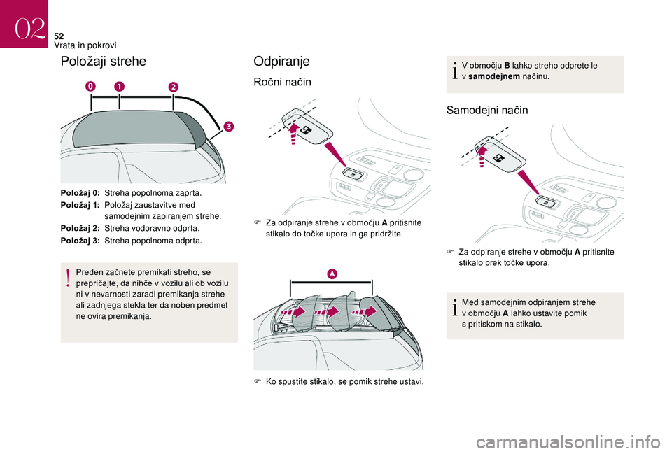 CITROEN DS3 CABRIO 2018 Navodila Za Uporabo (in Slovenian) 52
Položaji strehe
Položaj 0:Streha popolnoma zaprta.
Položaj 1: Položaj zaustavitve med
samodejnim zapiranjem strehe.
Položaj 2: Streha vodoravno odprta.
Položaj 3: Streha popolnoma odprta.
Pr CITROEN DS3 CABRIO 2018 Navodila Za Uporabo (in Slovenian) 52
Položaji strehe
Položaj 0:Streha popolnoma zaprta.
Položaj 1: Položaj zaustavitve med
samodejnim zapiranjem strehe.
Položaj 2: Streha vodoravno odprta.
Položaj 3: Streha popolnoma odprta.
Pr
