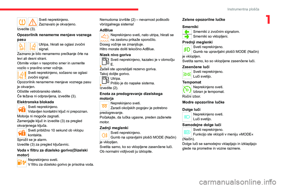 CITROEN JUMPER 2020  Navodila Za Uporabo (in Slovenian) 9
Instrumentna plošča
1Sveti neprekinjeno.Zaznavalo je okvarjeno.Izvedite (3). 
Opozorilnik nenamerne menjave voznega pasuUtripa, hkrati se oglasi zvočni signal.Zaznano je bilo nenamerno prečkanje