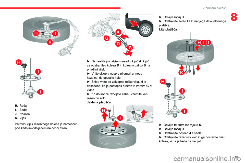 CITROEN JUMPER 2020 Navodila Za Uporabo (in Slovenian) 109
V primeru okvare
8
H.Ročaj
I.Sedlo
J.Nosilec
K.Vijak
Pritrdilni vijak rezervnega kolesa je nameščen pod zadnjim odbijačem na desni strani.
► Namestite podaljšan nasadni ključ A, klju CITROEN JUMPER 2020 Navodila Za Uporabo (in Slovenian) 109
V primeru okvare
8
H.Ročaj
I.Sedlo
J.Nosilec
K.Vijak
Pritrdilni vijak rezervnega kolesa je nameščen pod zadnjim odbijačem na desni strani.
► Namestite podaljšan nasadni ključ A, klju