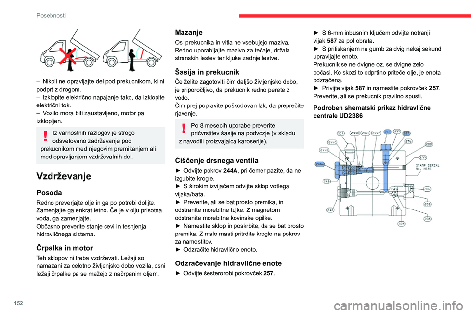 CITROEN JUMPER 2020  Navodila Za Uporabo (in Slovenian) 152
Posebnosti
 
– Nikoli ne opravljajte del pod prekucnikom, ki ni podprt z drogom.– Izklopite električno napajanje tako, da izklopite električni tok.– Vozilo mora biti zaustavljeno, motor pa